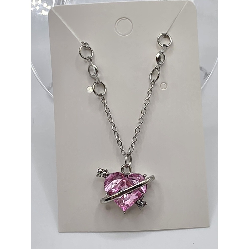 Pink Rhinestone Heart Pendant Silvertone Necklace